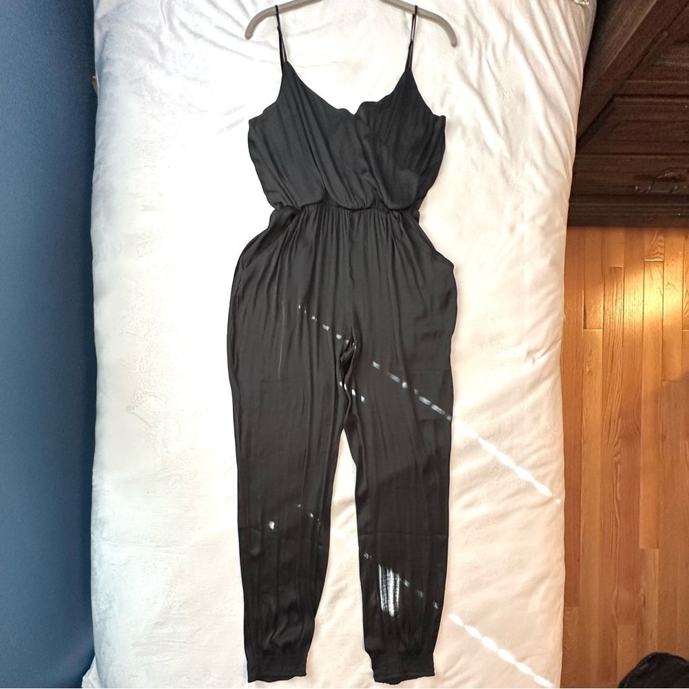 Bardot Black Satin Cami Jumpsuit Romper S Faux Wrap Pockets Tapered Jogger Leg